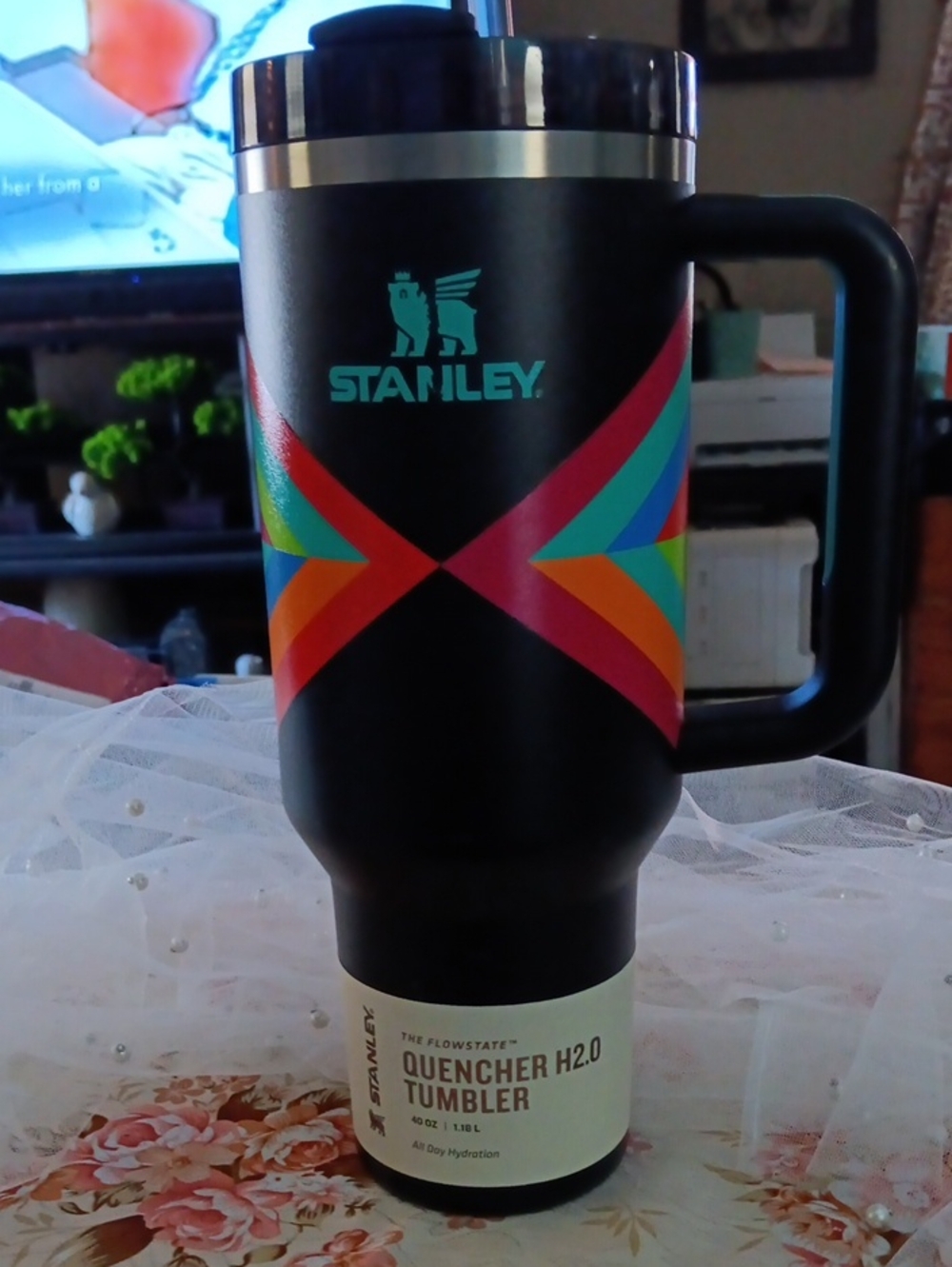 Stanley Black Tumbler with Multicolor Chevron Accent